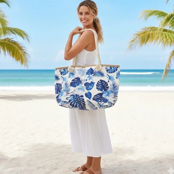 Beach Tote Bag x blue and white tropical print beach tote bag with rope handles - Picture 2 of 6